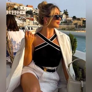 Commense Black Strappy Halter Top with White Trim